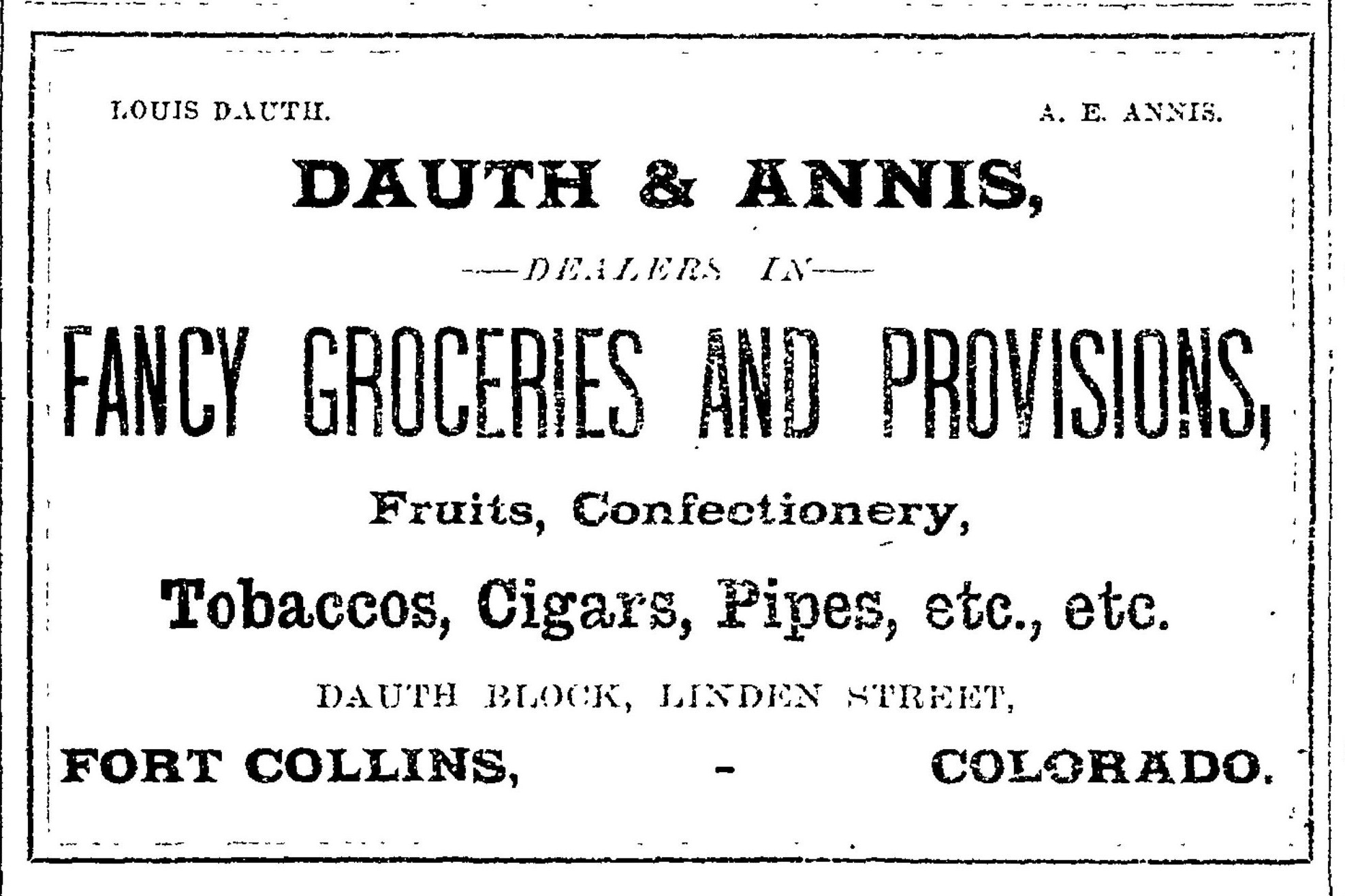 Dauth Family Archive - 1883-06-28 - Fort Collins Courier - Louis Dauth First Dauth & Annis Advertisement