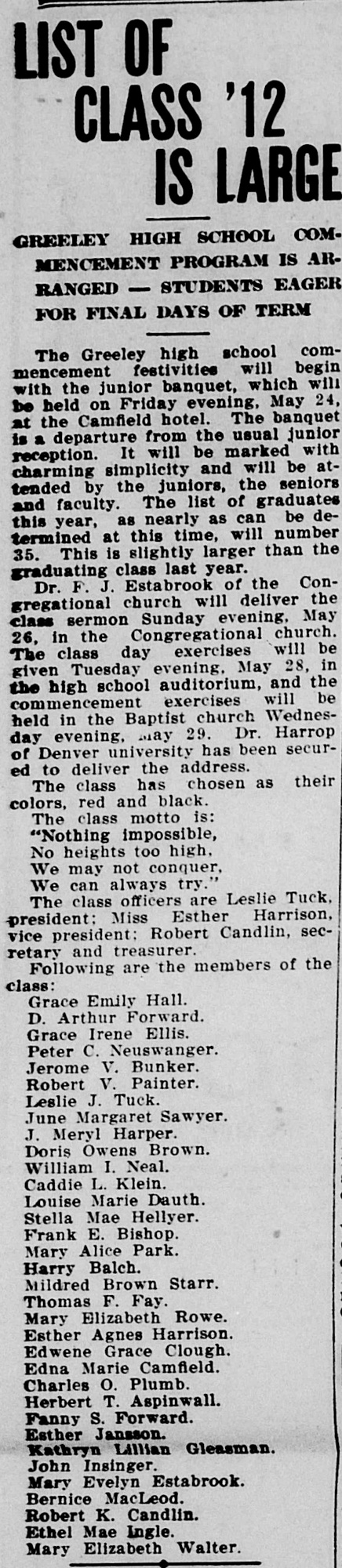 Dauth Family Archive - 1912-05-23 - The Greeley Tribune - Louise Dauth Graduation For Greeley High School