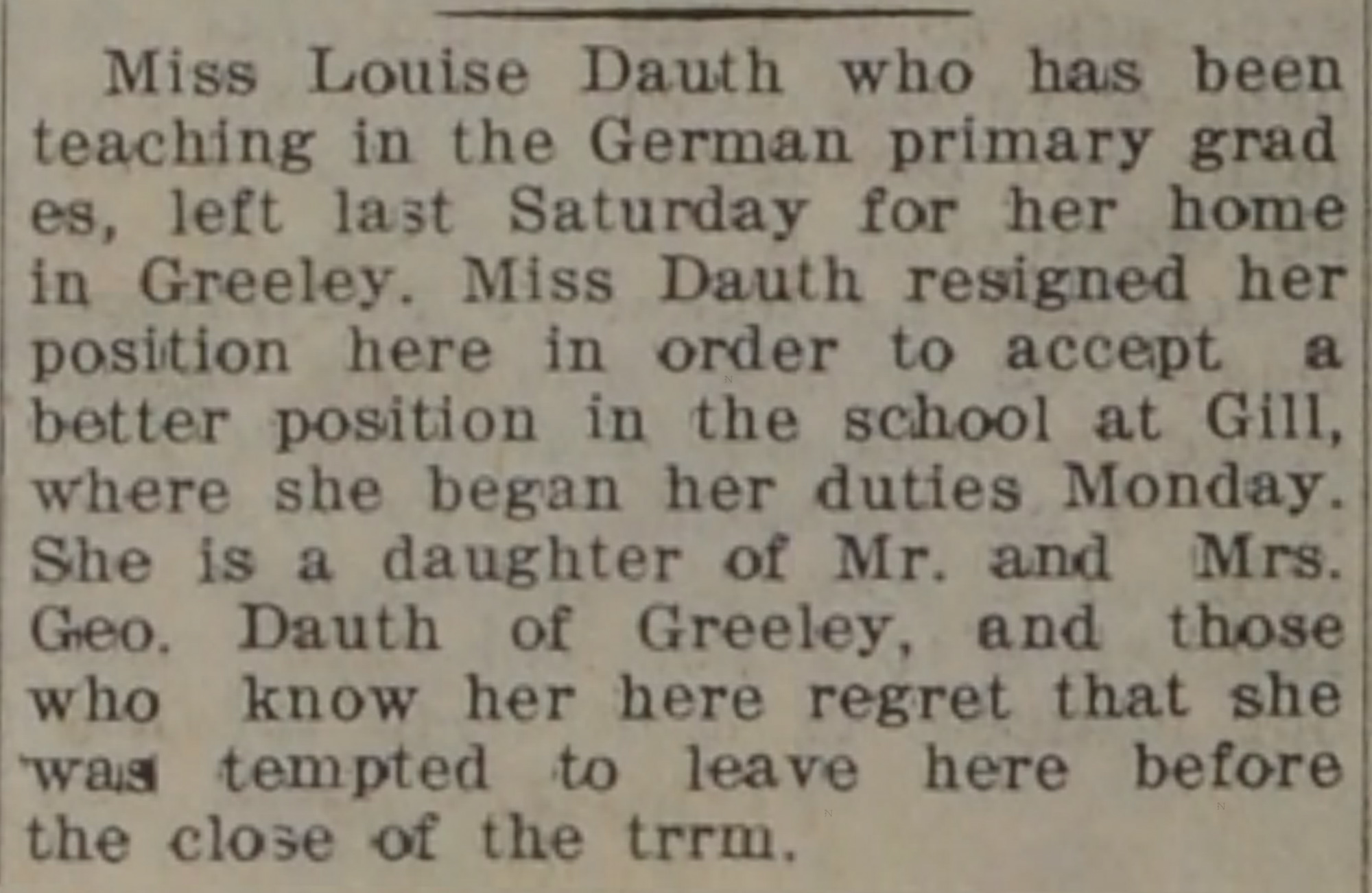 Dauth Family Archive - 1916-03-16 - Windsor Beacon - Louise Dauth Becomes Teacher At Gill