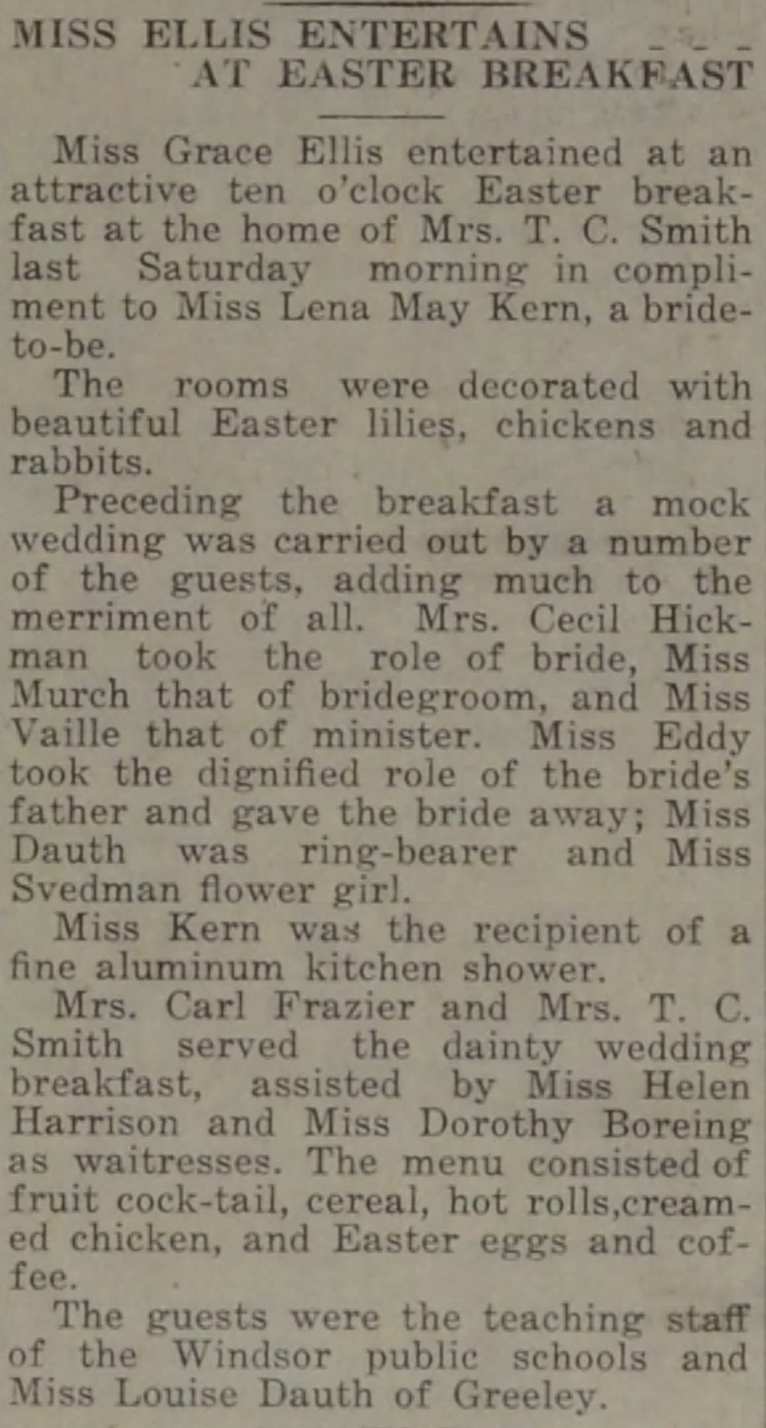 Dauth Family Archive - 1916-04-27 - Windsor Beacon - Louise Dauth at Easter Breakfast