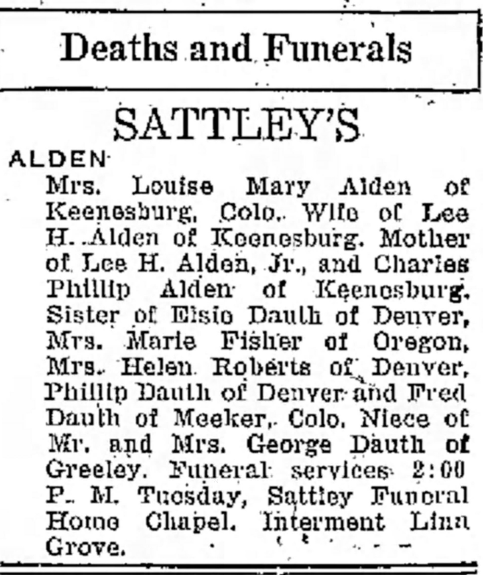 Dauth Family Archive - 1937-07-03 - Greeley Daily Tribune - Louise Dauth Funeral Notice
